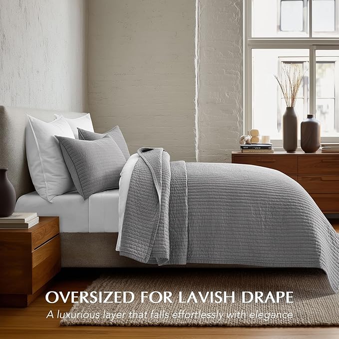 EVERGRACEHOME Cotton Sateen Quilt Set King Size, Pre-Washed Cotton Channel Stitch Coverlet Bedspread, 3 Pieces Lightweight Soft Bedding Sets for All Season, with 2 Pillow Shams, Fog Gray