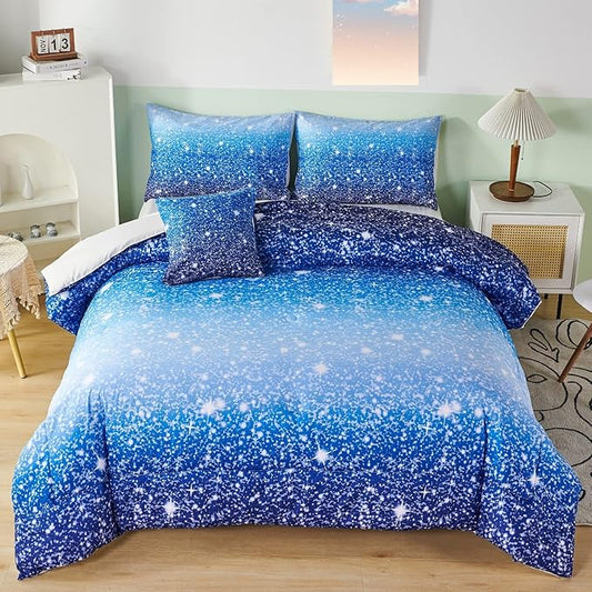 RYNGHIPY 6Pcs Gradient Aqua Blue Navy Ombre Comforter Sets with Sheets Pillowcases, Queen Size Sparkle Glitter Design Comforter Bedding Collections for Kids Boys and Girls