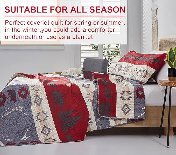 Ycosy Lodge Bear Quilt Set King Size Cabin Rustic Bedspread Coverlets Reversible Quilts Lightweight Lodge Bedding Set Bear Sunset Printed Bed Covers,1 Quilt + 2 Pillow Shams