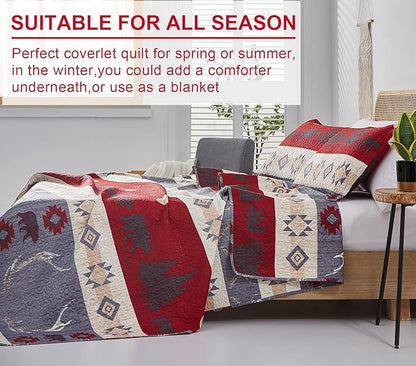 Ycosy Lodge Bear Quilt Set Full/Queen Size Cabin Rustic Bedspread Coverlets Reversible Quilts Lightweight Lodge Bedding Set Bear Sunset Printed Bed Covers,1 Quilt + 2 Pillow Shams