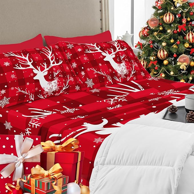 YIYEA Christmas King Size Pillow Cases Set of 4, Ultra Soft Double Brushed Microfiber Red Pillowcases and Christmas Pillow Covers, Envelope Closure, Fade Resistant (20"x36")