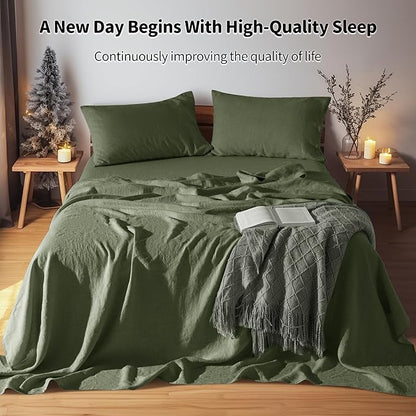 LBRO2M 100% Pure Linen Sheet Set Deep Pocket Up to 16" Bed Sheets Sets, Natural Flax Beddings Soft, Breathable, Comfortable for All Seasons Twin Size, Olive Green