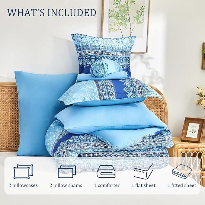 Boho Queen Comforter Set Blue - 7 Pieces Bed in a Bag Floral Striped Comforter and Sheet Set, Soft Microfiber Bohemian Bedding Sets Queen Size for All Season (Blue,Queen)