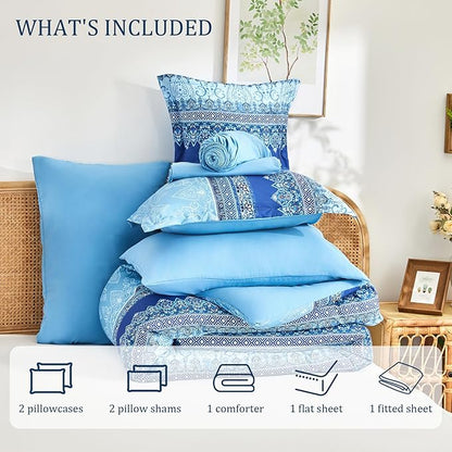 Boho King Size Comforter Set Blue - 7 Pieces Floral Striped Comforter Set with Sheets, Soft Microfiber Bohemian Complete Bedding Sets for All Season (Blue,King)