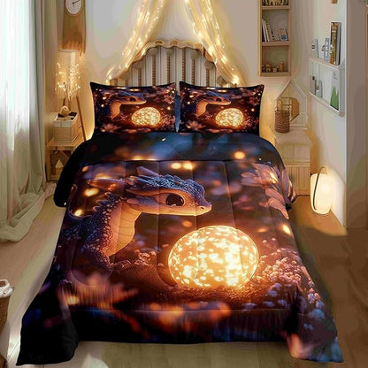 Cartoon Dragon 3 Pcs Queen Size Comforter Set,Mysterious Wild Animals Down Alternative Adults Bedroom Decor,Cute Dragon Egg Ultra Soft Microfiber Inner Fill 3Pcs Bedding