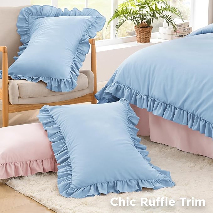 Litanika Light Blue Queen Comforter Set, 3 Pieces Ruffle Farmhouse Aesthetic Bedding Comforter Set, All Season Soft Lightweight Fluffy Microfiber Bed Set(90x90In Comforter, 2 Pillowcases)