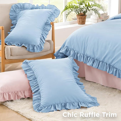 Litanika Light Blue Queen Comforter Set, 3 Pieces Ruffle Farmhouse Aesthetic Bedding Comforter Set, All Season Soft Lightweight Fluffy Microfiber Bed Set(90x90In Comforter, 2 Pillowcases)