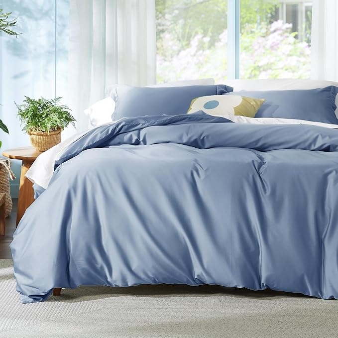 Bedsure Duvet Cover Queen Size - Moisture Wicking and Silky Eucalyptus Lyocell Cotton Hybrid Comforter Cover Set for Hot Sleeper - Buttery Soft and Breathable, Cooling Bedding Set, Slate Blue