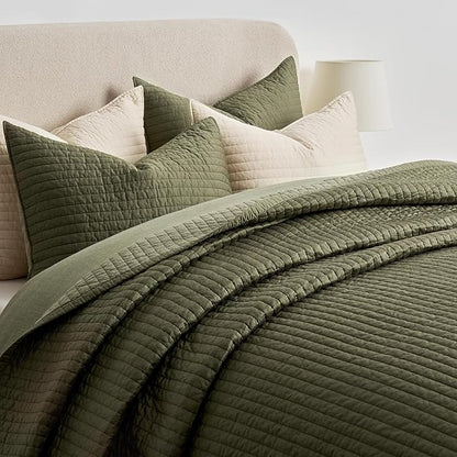 EVERGRACEHOME Cotton Sateen Quilt Set King Size, Pre-Washed Cotton Channel Stitch Coverlet Bedspread, 3 Pieces Lightweight Soft Bedding Sets for All Season, with 2 Pillow Shams, Olive Green