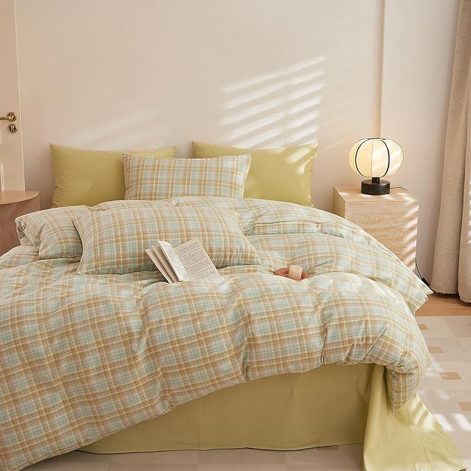 Plaid Comforter Queen Size Down Alternative Boho Bedding Set Washed Cotton Breathable Fluffy Comfy Bedding Comforter Sets Soft Cozy Farmhouse Patterned Bed Comforter with 2 Pillowcases