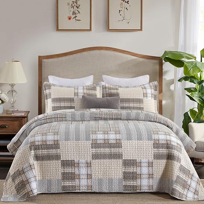 PANGUSHAN Quilts Sets Queen Size,100% Cotton Queen Quilted Bedspreads Bedding Set,Patchwork Plaid Quilt for Queen Bed,Tan/Grey Farmhouse Rustic Bed Spread,Reversible Lightweight Comforter,3-Piece