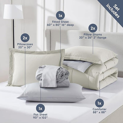 Nestl 7 Piece Queen Comforter Set – Off White Reversible Bed in a Bag – Complete Queen Size Bedding Set with Sheets, Pillowcases and Shams