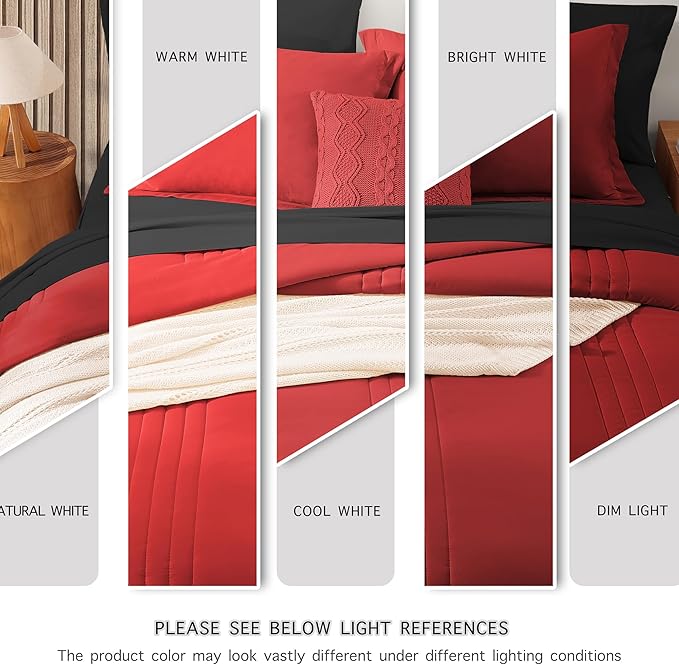 Monbix King Size Comforter Set - 7 Pieces Bed in a Bag King, Bright Red Bedding Sets with Comforter, All Seasons Comforter Bed Set with Sheets, Pillowcases & Shams