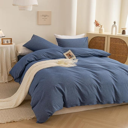 ECOCOTT Denim Blue Duvet Cover Queen Size, 100% Washed Cotton 1 Duvet Cover with Zipper and 2 Pillowcases, Ultra Soft and Easy Care Breathable Cozy Bedding Set (Denim Blue, Queen)