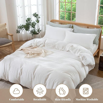 MILDLY White Striped Duvet Cover - 100% Washed Cotton Jacquard Textured Comforter Cover with Dual Zipper Closure & 8 Coner Ties