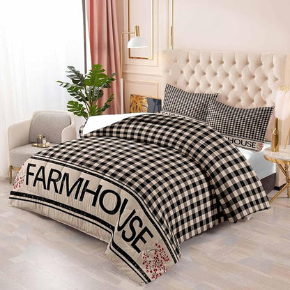 LUVIVIHOME 3PCS Brown Black Gingham Comforter Set, King Bed Set, Grid Checkered Quilt, Farmhouse Bedding, Red Berry Check Primitive Country Rustic Vintage Buffalo Plaid Comforter, 2 Pillow Shams