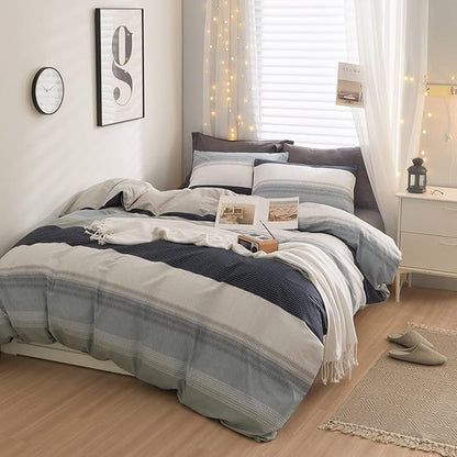 LifeTB Cotton Striped Duvet Cover Set Queen White Blue Gray Stripes Pattern Comforter Cover Geometric Striped Bedding Set Modern Soft Geometric Print Duvet Cover for Men Boys Farmhouse Bedding Set