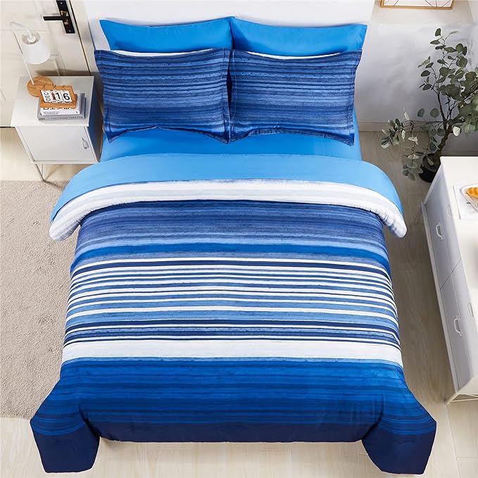 KAKIJUMN 7 Piece Bed in a Bag Stripe Comforter Set King Size, White and Blue Patchwork Striped Comforter and Sheet Set, All Season Soft Microfiber Complete Bedding Sets(Blue,King)