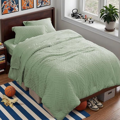 Zzlpp Twin Comforter Set 5 Pieces, Sage Green Tufted Bed in a Bag with Comforter and Sheets, All Season Boho Bedding Sets with 1 Comforter, 1 Pillow Sham, 1 Pillowcase, 1 Flat Sheet, 1 Fitted Sheet