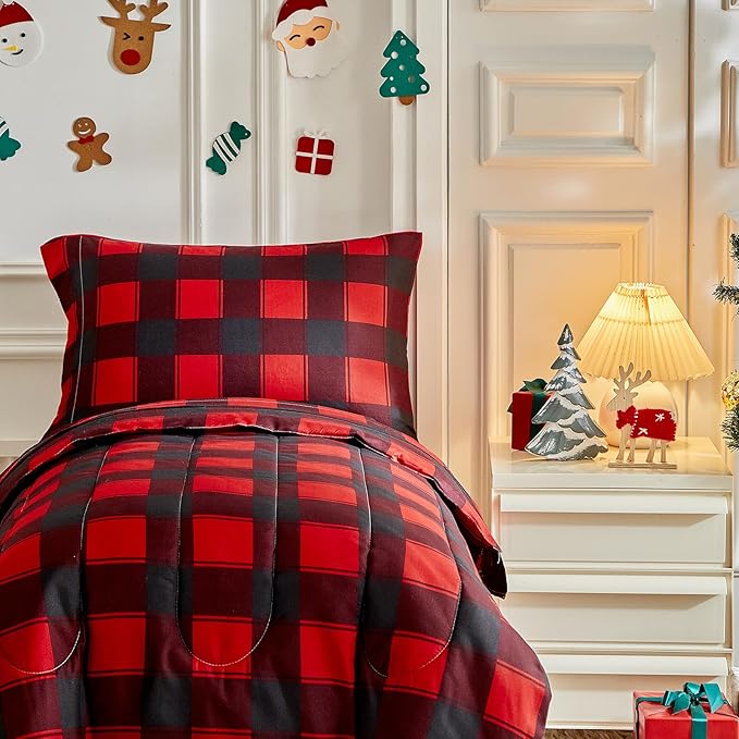 Christmas Toddler Bedding Set for Boys Girls Red Black Plaid Gingham Holiday 4PC Toddler Bed Set - Cute Toddler White Bed in a Bag for New Year