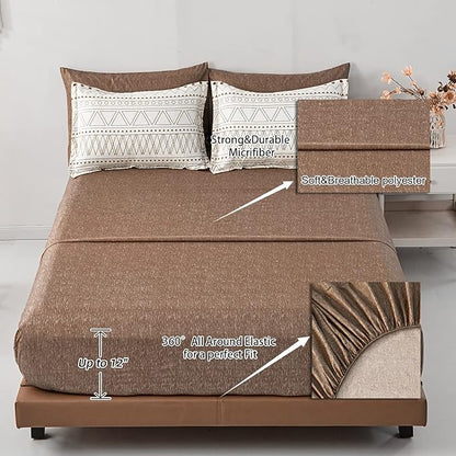 WONGS BEDDING Brown Boho Comforter Set Queen 7 Pieces Bed in a Bag Geometric Striped Comforter Reversible Soft Microfiber Bedding Set with Pillowcases,Flat Sheet,Fitted Sheet,Pillow Shams
