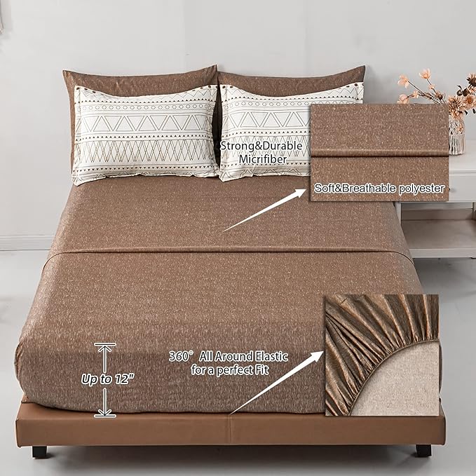 WONGS BEDDING 7 Pieces Brown Comforter Set King Size,Boho Bed in a Bag Geometric Stripe Comforter Reversible Soft Microfiber Bedding Set with Pillowcases & Shams,Flat Sheet,Fitted Sheet