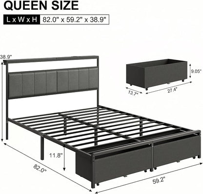 Queen Bed Frame with 2 Storage Drawers, Grey Upholstered | Headboard with Charging Station and LED Lights, Metal Platform Bed with Storage Shelf, Noise Free, No Box Spring Needed