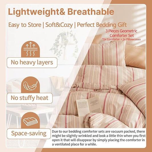 EAVD Striped Comforter Set Full Multi-Color Striped Bedding Comforter Set 3 Pieces Farmhouse Geometric Bedding Set with 2 Pillowcases for All-Season Soft Fluffy Lightweight