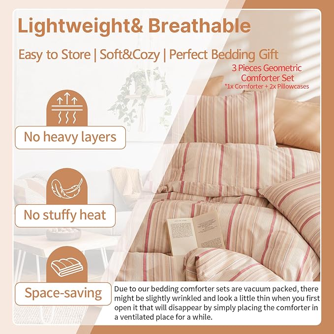 EAVD Striped Comforter Set Twin XL Pink Striped Bedding Comforter Set 3 Pieces Farmhouse Geometric Bedding Set with 2 Pillowcases for All-Season Soft Fluffy Lightweight