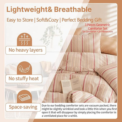 EAVD Striped Comforter Set Queen Multi-Color Striped Bedding Comforter Set 3 Pieces Farmhouse Geometric Bedding Set with 2 Pillowcases for All-Season Soft Fluffy Lightweight