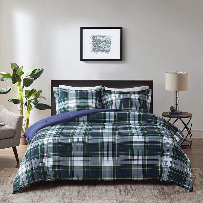Madison Park Essentials Parkston Plaid Comforter, Matching Sham, 3M Scotchguard Stain Release Cover, Hypoallergenic All Season Bedding-Set, Twin/TwinXL, Navy, 2 Piece