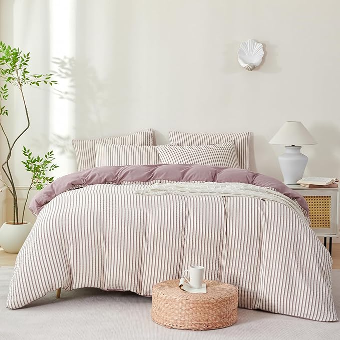 Comforter Set Queen Size Soft Luxury Washed Microfiber Jacquard 3 Pieces Bedding, White Grayish Purple Vertical Ticking Stripes Pattern Comforter with 2 Pillowcases Breathable Durable Comfy