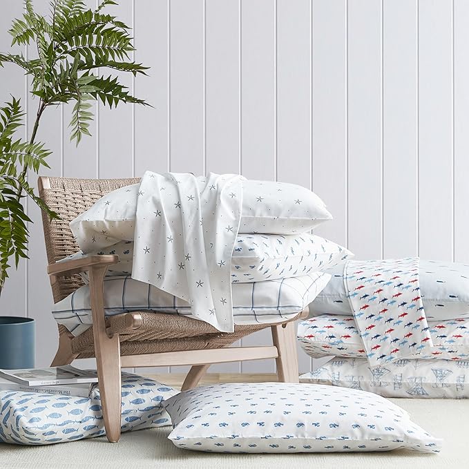 Nautica - Twin Sheets, Cotton Percale Bedding Set, Fully Elasticized, Ideal Dorm Essentials (Woodblock Fish Blue, Twin)