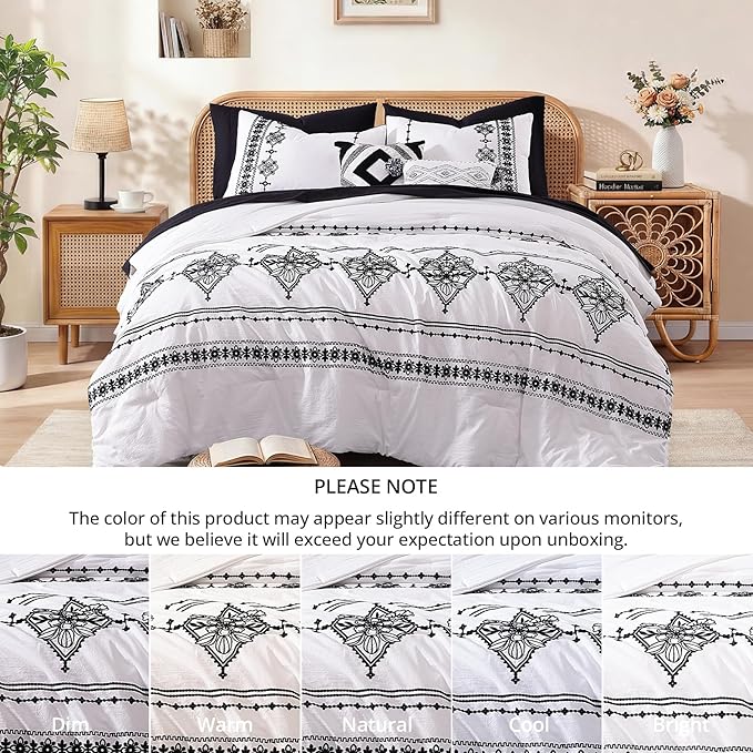 MaiRêve Queen Size Comforter Set Frost White, Embroidery Floral Western Boho Bedding Set, All Season 7 Pieces Bed in a Bag with Sheets, Pillowcases & Shams