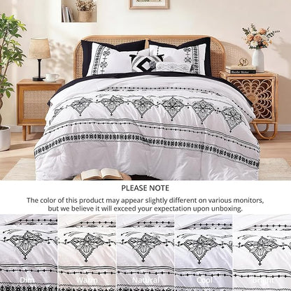 MaiRêve Full Size Comforter Set Frost White, Embroidery Floral Western Boho Bedding Set, All Season 7 Pieces Bed in a Bag with Sheets, Pillowcases & Shams