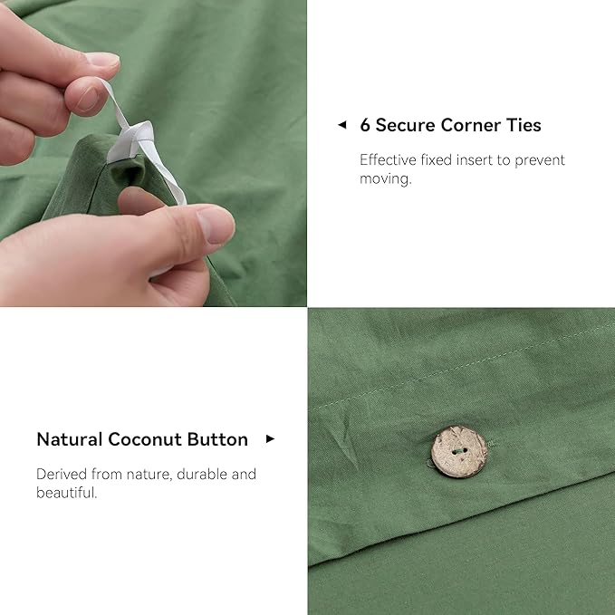 JELLYMONI Cotton Duvet Cover Oversized King Size - Green Comforter Cover with Button 100% Washed Cotton 3PCS Breathable Soft Solid Bedding Set Duvet Cover 120×98in & 2 Pillowcases (NO Comforter)