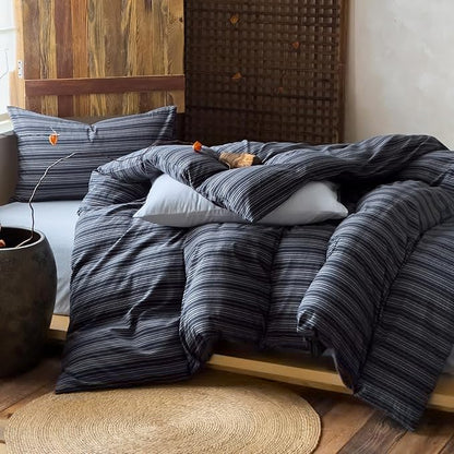 VM VOUGEMARKET Navy Blue Striped Duvet Cover King,Japanese Style Washed Cotton Duvet Cover with 2 Pillowcases,Breathable Comforter Cover for Cozy Minimalist Bedrooms