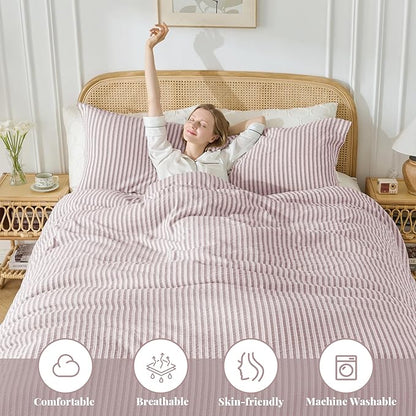 MILDLY Pale Mauve Striped Duvet Cover - 100% Washed Cotton Jacquard Textured Comforter Cover with Dual Zipper Closure & 8 Coner Ties
