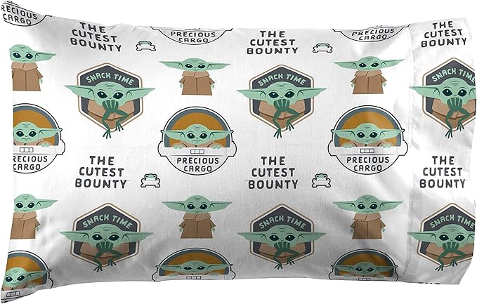 Jay Franco Kids Sheet Cartoon Set with Fitted, Flat Sheets & Pillow Cover - Ultra-Soft Bedding with Pillowcase for Room Decor, White - Mandalorian, 4 Piece Full