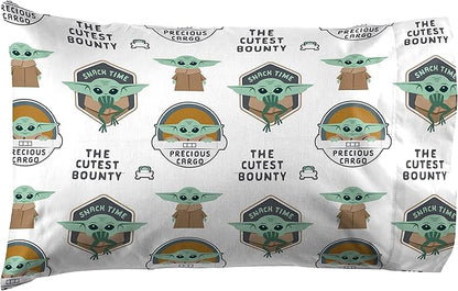 Jay Franco Kids Sheet Cartoon Set with Fitted, Flat Sheets & Pillow Cover - Ultra-Soft Bedding with Pillowcase for Room Decor, White - Mandalorian, 4 Piece Full