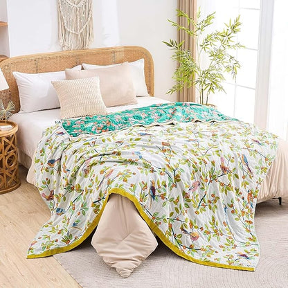 Boho Throw Blanket for Bed, 100% Cotton Soft Rustic Quilt Fall Blanket, 50"x60" Floral Printed Farmhouse Decor Bed Blankets, All Season Rustic Reversible Bohemian Throw Quilt