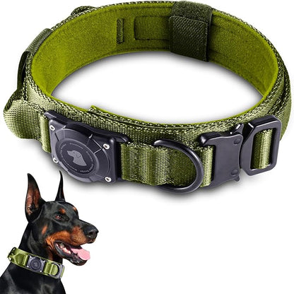 2026 Upgrade Waterproof Tactical AirTag Dog Collar, Built in AirTag Holder | Comfortable Control Handle, Quick Release Metal Buckle, Durable 1000D Nylon, For Medium to Large Dogs, Army Green, XL