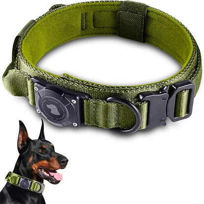 2026 Upgrade Waterproof Tactical AirTag Dog Collar, Built in AirTag Holder | Comfortable Control Handle, Quick Release Metal Buckle, Durable 1000D Nylon, For Medium to Large Dogs, Army Green, L