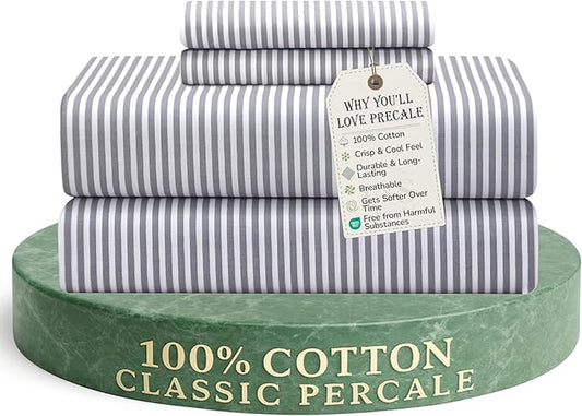 Feather & Stitch Softest 100% Cotton Sheets, 300 Thread Count Percale Weave Bedding, 16" Deep Pocket, Cooling Sheets, Breathable Bed Set, Hotel Premium Quality (Queen, Grey Stripe)