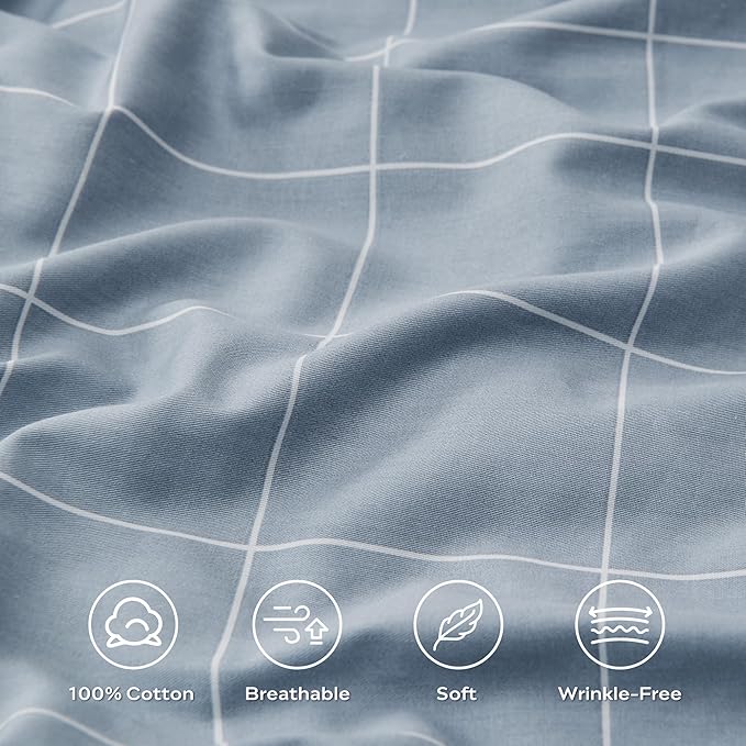 JELLYMONI 100% Natural Cotton 3pcs Plaid Duvet Cover Sets, Checkered Full Comforter Cover, 1 Duvet Cover and 2 Pillow Cases with Zipper Closure & Corner Ties, Grayish Blue
