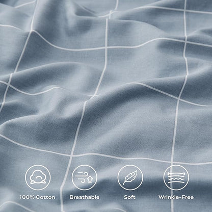 JELLYMONI 100% Natural Cotton 3pcs Plaid Duvet Cover Sets, Checkered Full Comforter Cover, 1 Duvet Cover and 2 Pillow Cases with Zipper Closure & Corner Ties, Grayish Blue