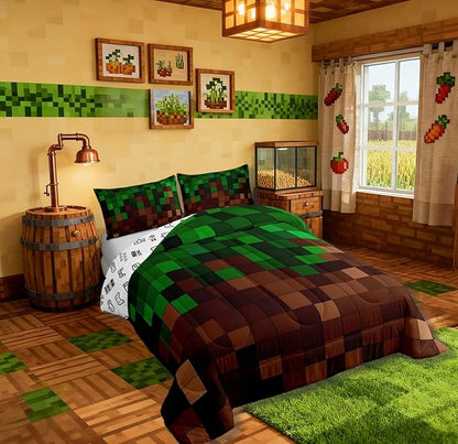 Manfei Pixelated Kids Comforter Set Queen Size,Patchwork Grid Video Games Bedding Set,Girls Boys Room Decor,Miners Lattice Quilt Comforter,Dark Green Brown Duvet Set Bedroom Quilt Set,2 Pillowcases