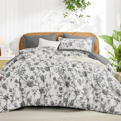 Luxudecor Floral Comforter Set Queen Size 7 Pieces, Dark Grey Flower with Bird Bed in a Bag, Soft Reversible Comforter with Sheet Bed Set 90"x90"
