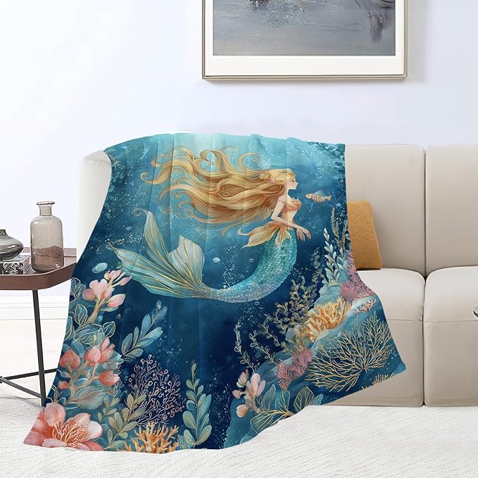 Mermaid Blanket Super Soft Warm Fluffy Fleece Flannel Fantasy Throw Blanket Cozy Fuzzy Plush Stuff Bedding Blankets Gifts for Women Kids Boys Girls Adults 60"X50"