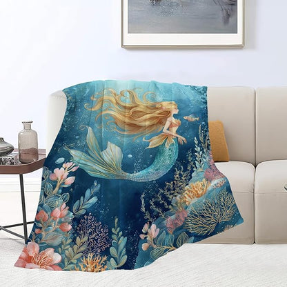 Mermaid Blanket Super Soft Warm Fluffy Fleece Flannel Fantasy Throw Blanket Cozy Fuzzy Plush Stuff Bedding Blankets Gifts for Women Kids Boys Girls Adults 60"X50"